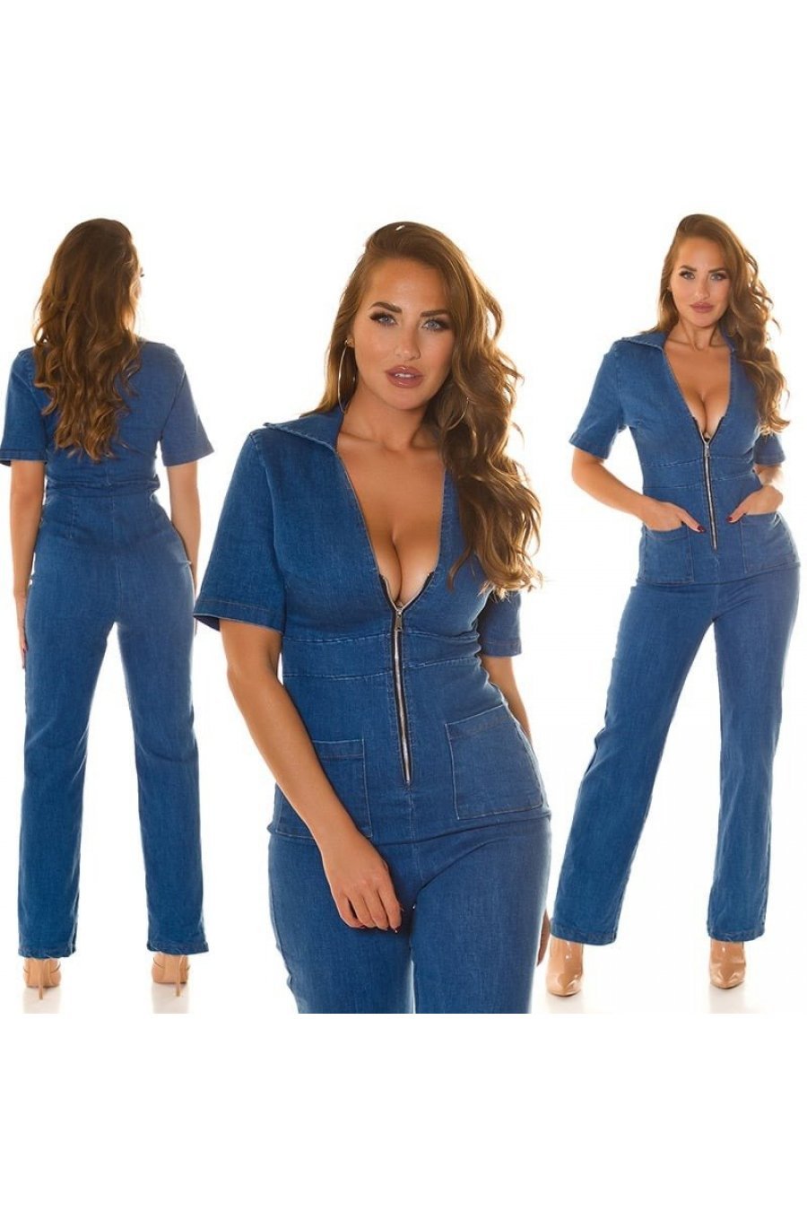 Salopeta de blugi, din denim, bleu, cu fermoar si buzunare, Esmee Salopeta de blugi, din denim, bleu, cu fermoar si buzunare, Esmee 6 - jojofashion.ro