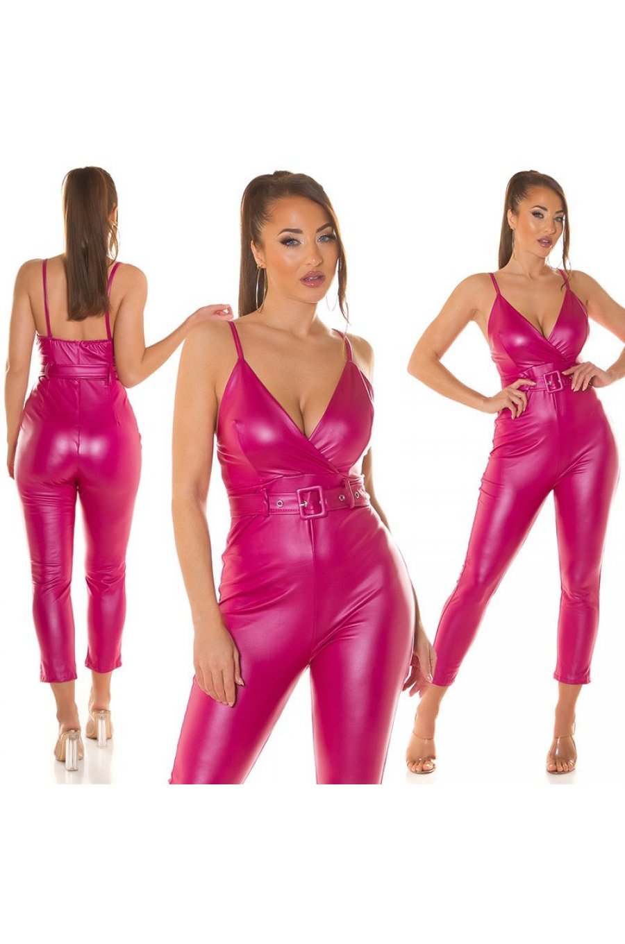 Salopeta dama de club, roz fucsia, din piele eco, mulata, Viky 6 - jojofashion.ro