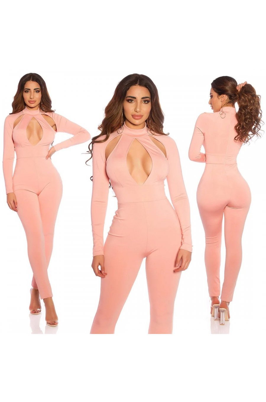 Salopeta de club roz pal mulata cu decolteu in romb Zekes 4 - jojofashion.ro