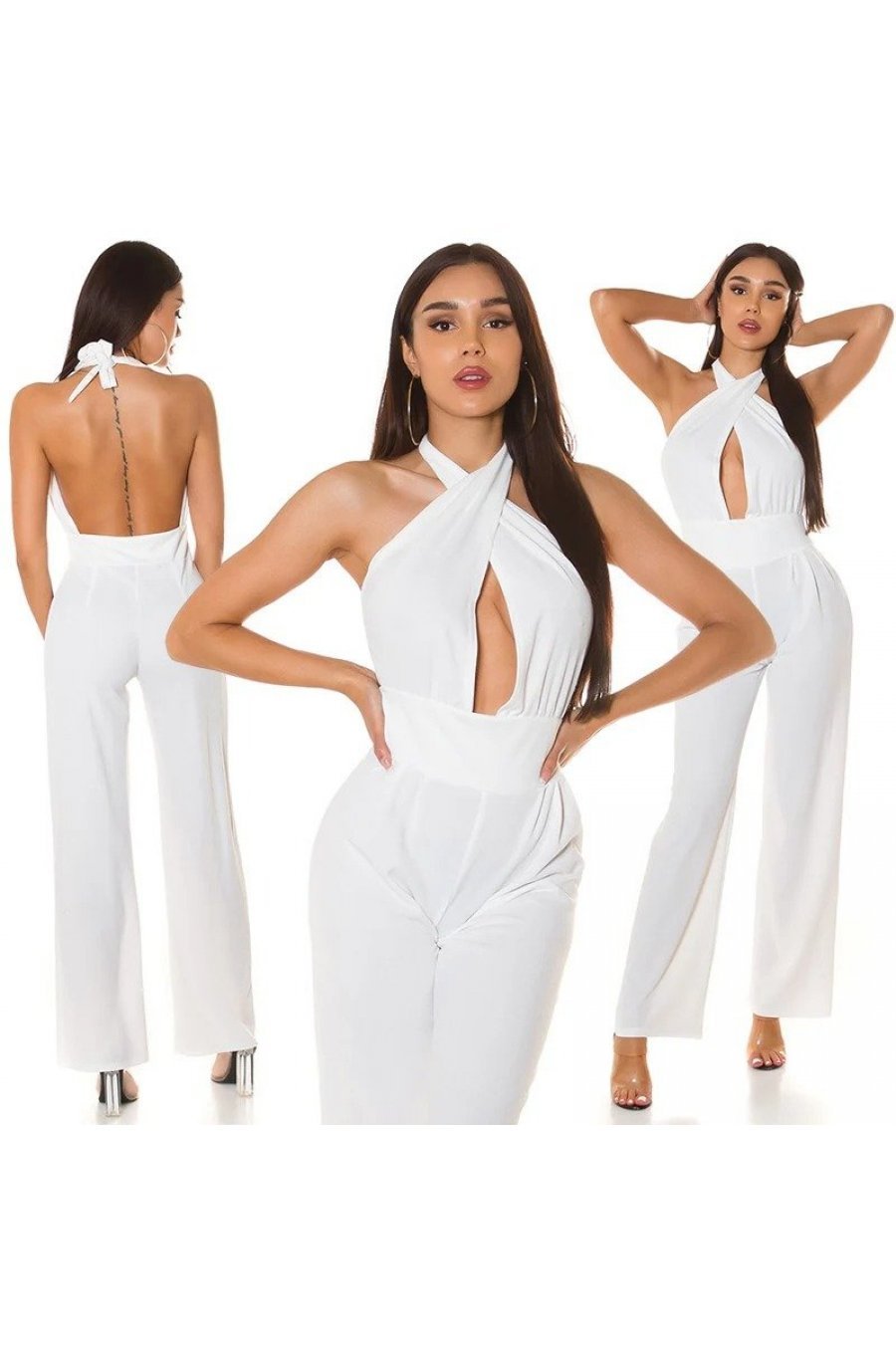 Salopeta dama eleganta, alba, evazata, cu spatele gol, Laura 5 - jojofashion.ro
