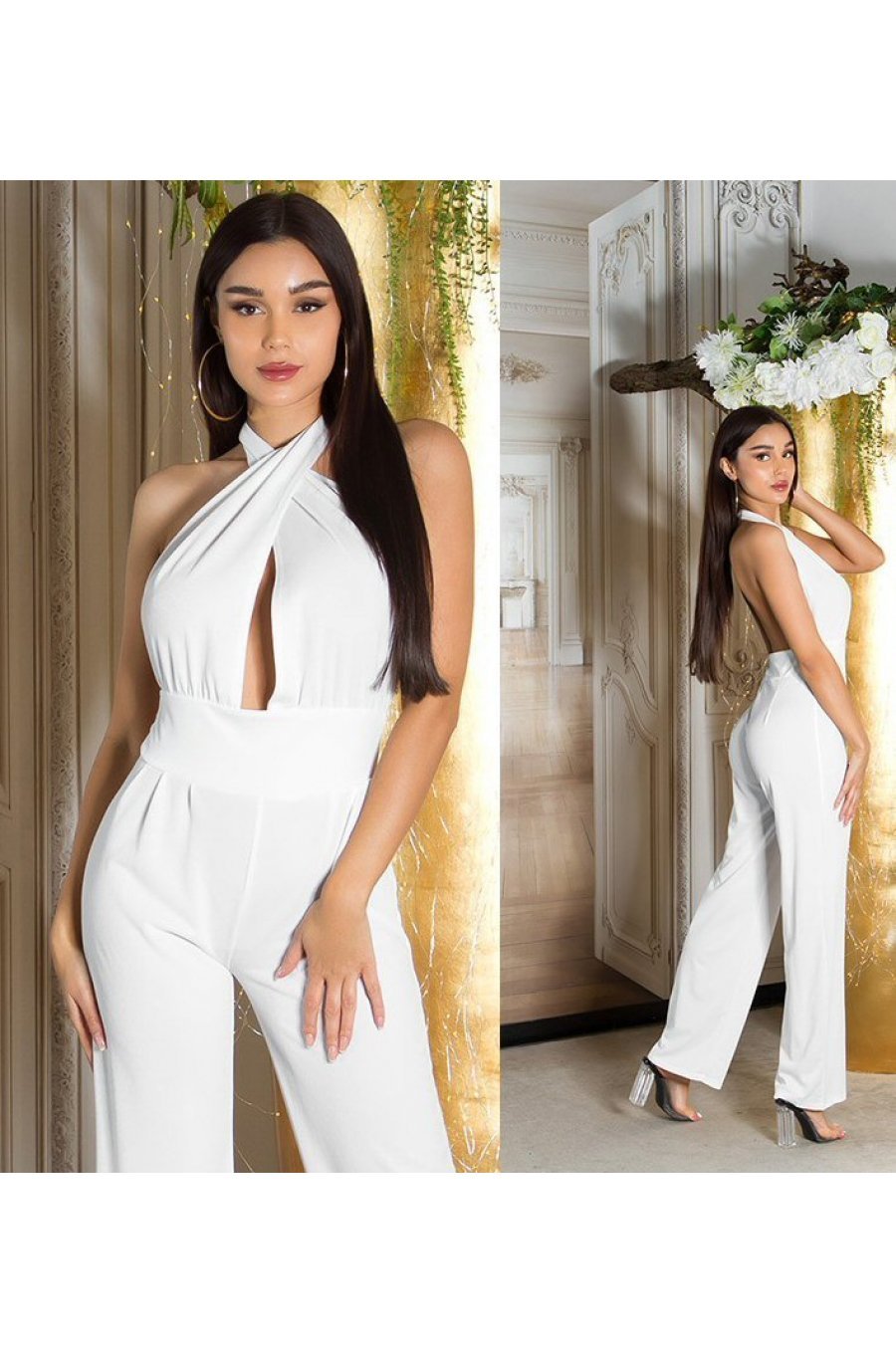 Salopeta dama eleganta, alba, evazata, cu spatele gol, Laura 4 - jojofashion.ro