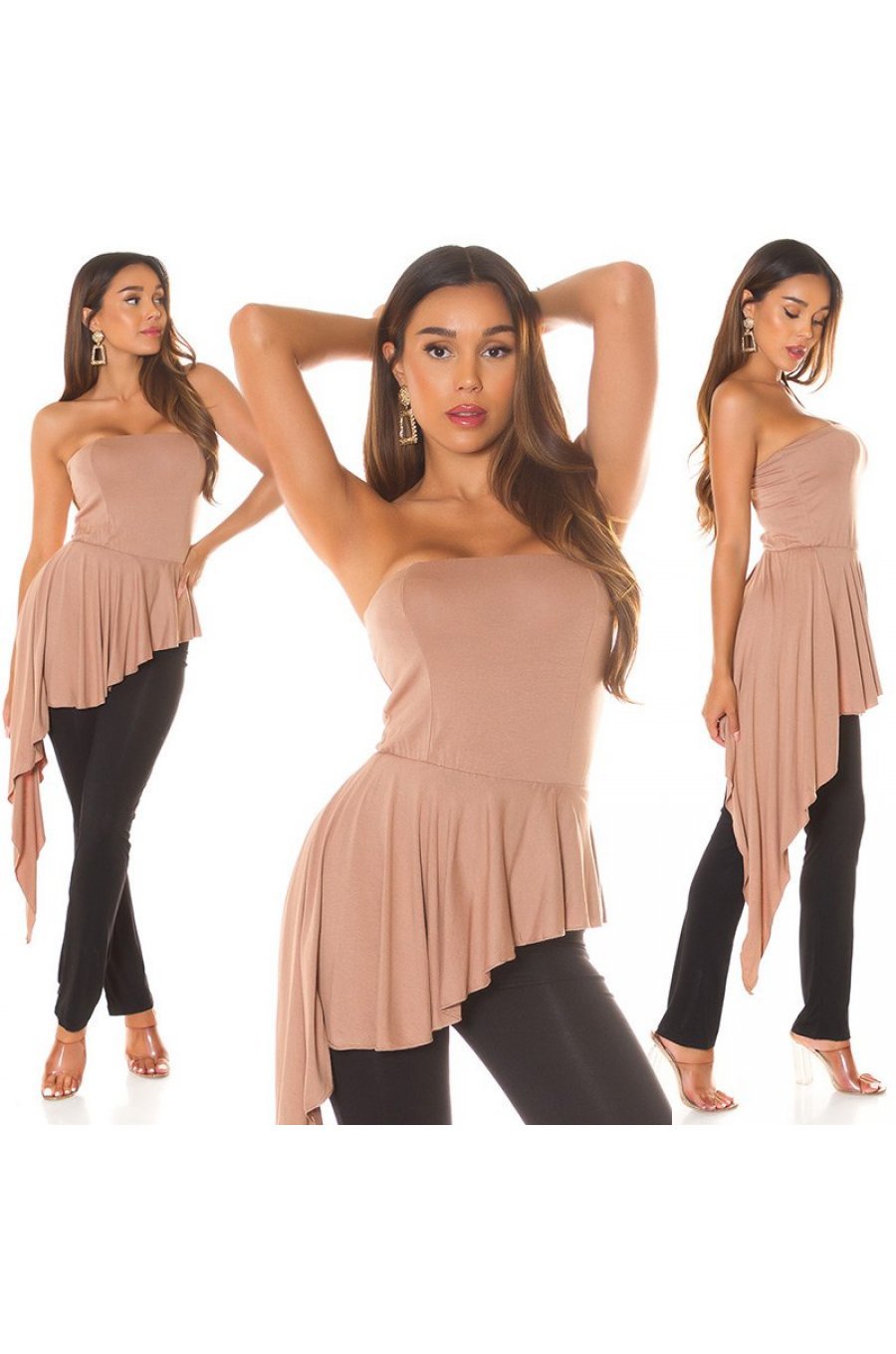 Salopeta eleganta, cappuccino, cu peplum si umeri goi, asimetrica, Justyne 8 - jojofashion.ro