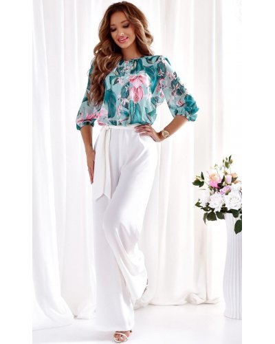 Salopete dama, Salopeta eleganta evazata, alba, cu flori turcoaz pe bust, Latoya - jojofashion.ro