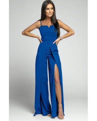 Salopeta eleganta evazata, albastra, crapata pe picior, Loressa - jojofashion.ro