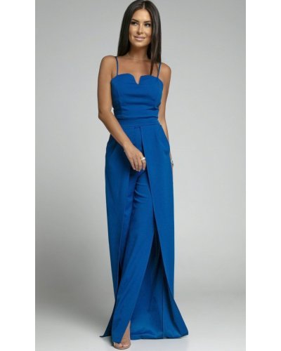 Salopeta eleganta evazata, albastra, crapata pe picior, Loressa - jojofashion.ro