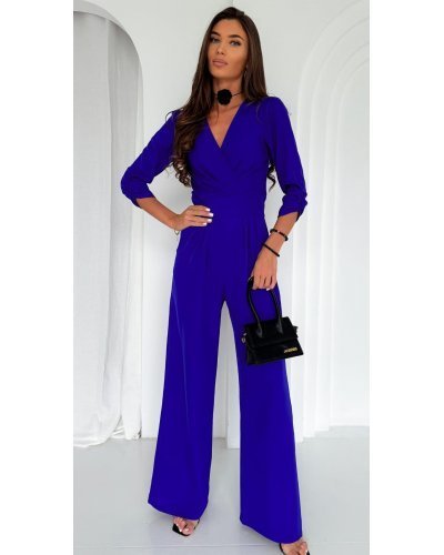 Salopeta eleganta, evazata, albastra, cu maneca trei sferturi, Zayan Salopete dama, Salopeta eleganta, evazata, albastra, cu maneca trei sferturi, Zayan - jojofashion.ro