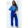 Salopeta eleganta evazata, albastra, cu print multicolor pe bust, Deena