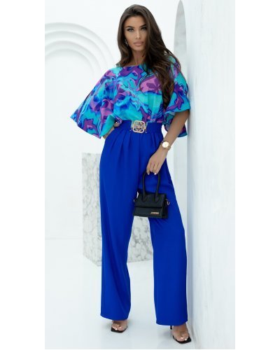 Salopete dama, Salopeta eleganta evazata, albastra, cu print multicolor pe bust, Deena - jojofashion.ro