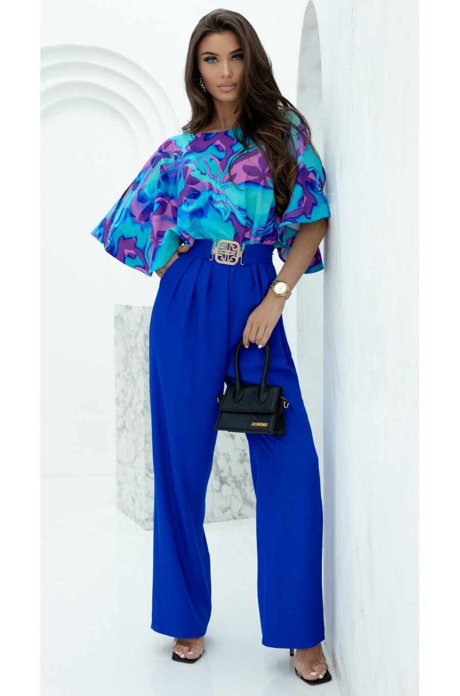 Salopeta eleganta evazata, albastra, cu print multicolor pe bust, Deena 1 - jojofashion.ro