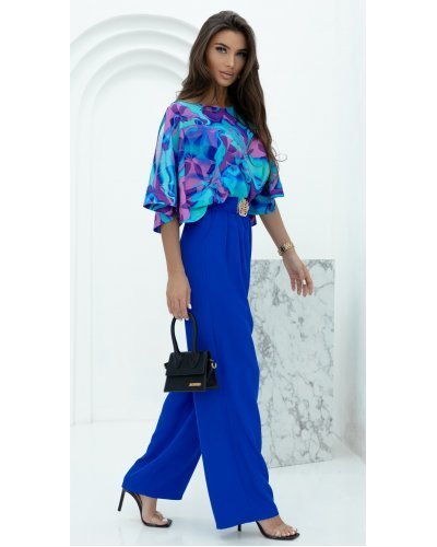 Salopete dama, Salopeta eleganta evazata, albastra, cu print multicolor pe bust, Deena - jojofashion.ro