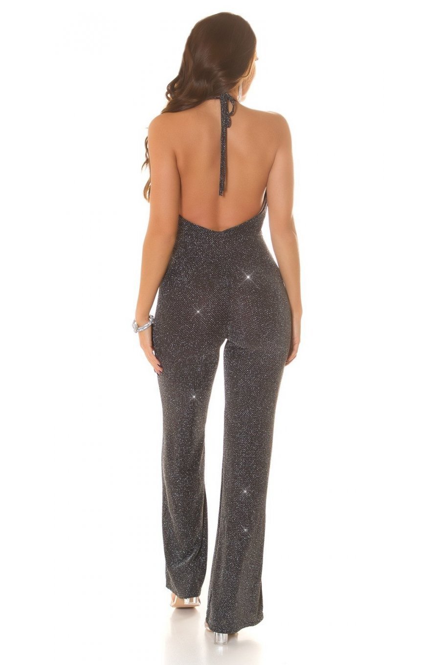 Salopeta eleganta evazata, neagra cu glitter argintiu, Judy Salopeta eleganta evazata, neagra cu glitter argintiu, Judy 3 - jojofashion.ro