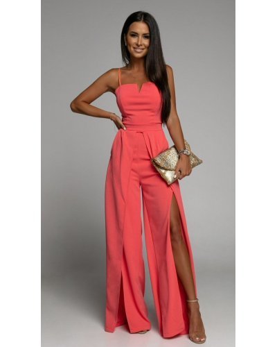 Salopeta dama eleganta evazata, corai, crapata pe picior, Loressa Salopete dama, Salopeta dama eleganta evazata, corai, crapata pe picior, Loressa - jojofashion.ro