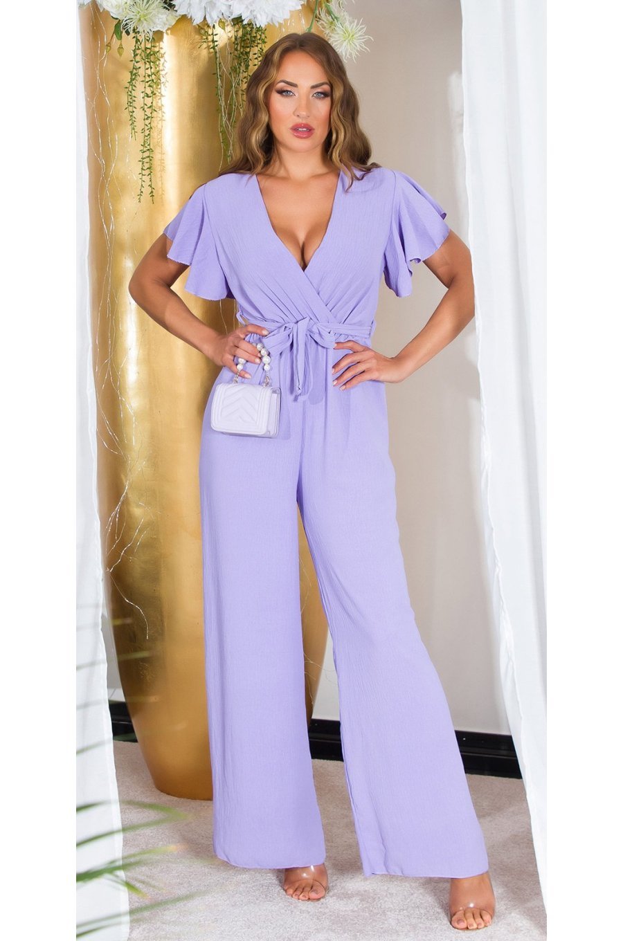Salopeta dama eleganta evazata, lila, petrecuta, Julye Salopeta dama eleganta evazata, lila, petrecuta, Julye 1 - jojofashion.ro