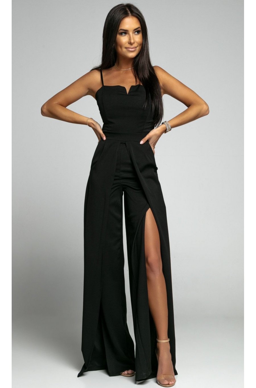 Salopeta eleganta evazata, neagra, crapata pe picior, Loressa 1 - jojofashion.ro