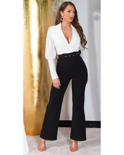 Salopeta eleganta evazata, neagra cu bustul alb, decolteu in V, cu maneca lunga, Aleksandrina - jojofashion.ro