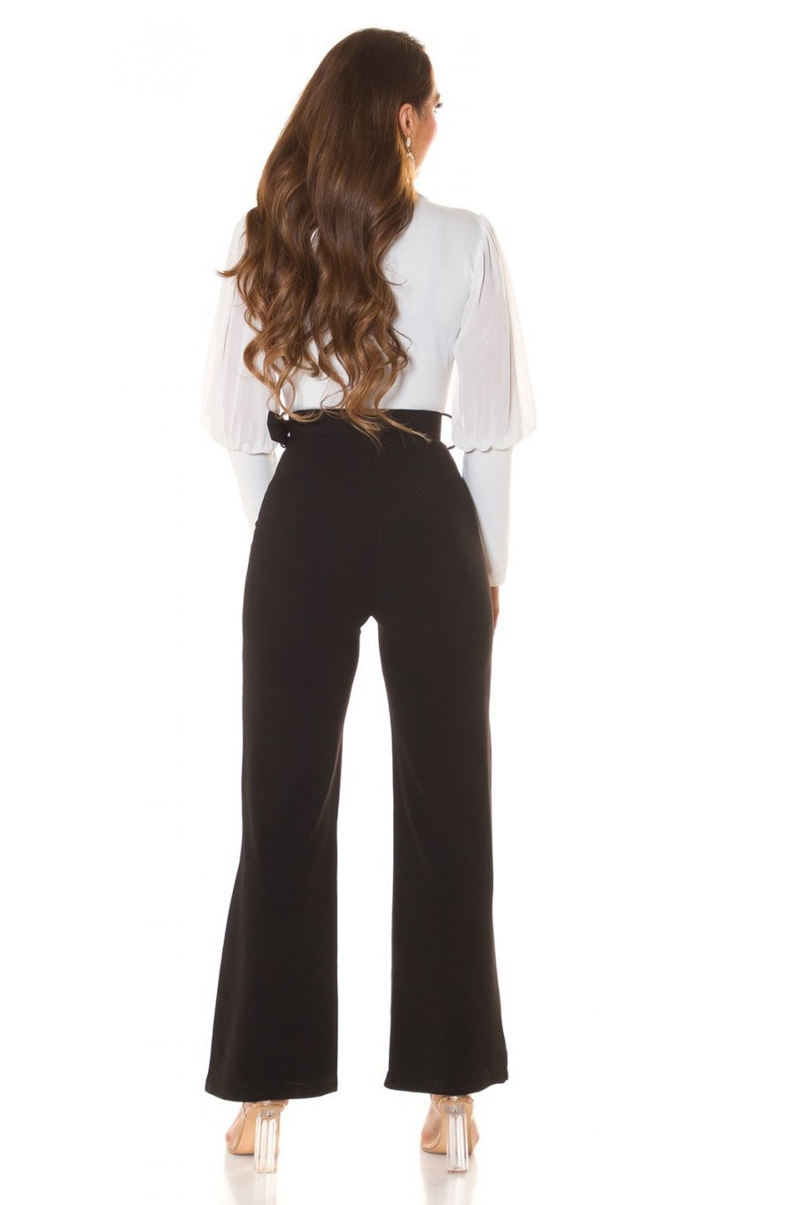 Salopeta eleganta evazata, neagra cu bustul alb, decolteu in V, cu maneca lunga, Aleksandrina 5 - jojofashion.ro