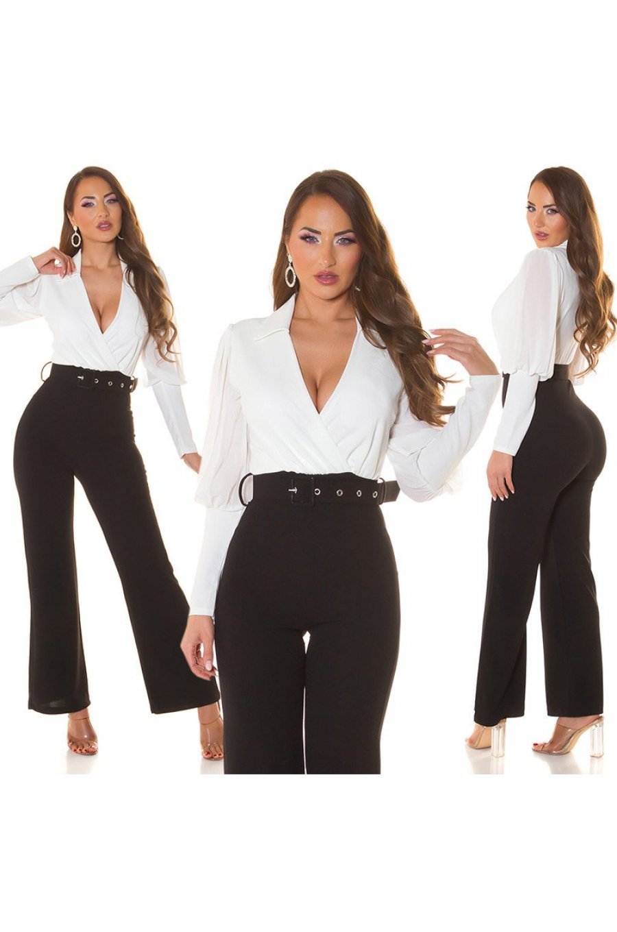 Salopeta eleganta evazata, neagra cu bustul alb, decolteu in V, cu maneca lunga, Aleksandrina 6 - jojofashion.ro