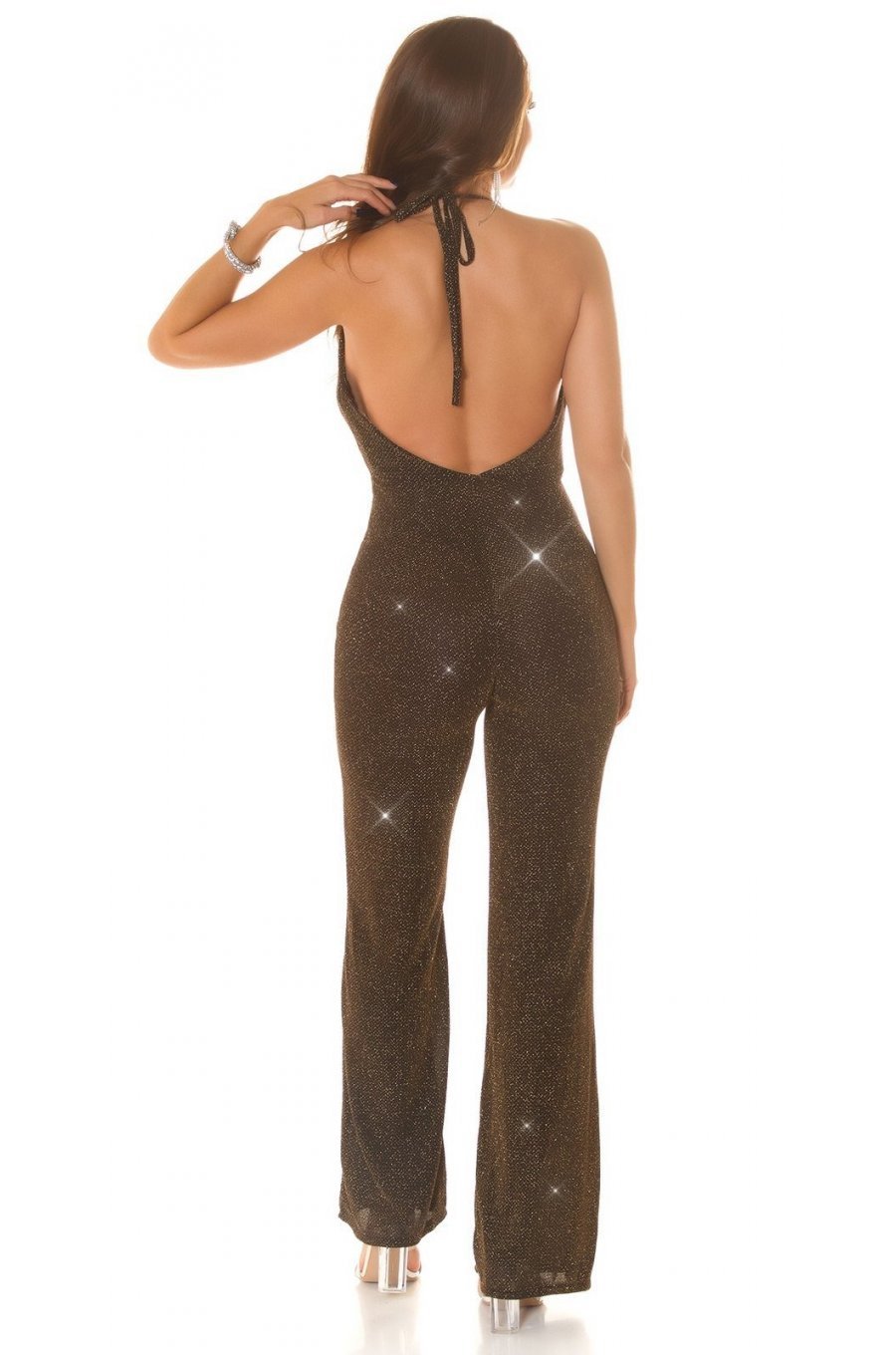 Salopeta dama eleganta evazata, neagra cu glitter auriu, Judy 4 - jojofashion.ro