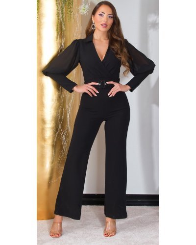 Salopeta eleganta evazata, neagra, decolteu in V, cu maneca lunga din voal, Aleksandrina - jojofashion.ro