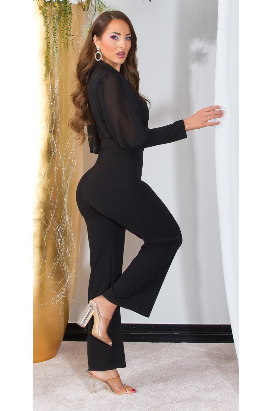 Salopeta eleganta evazata, neagra, decolteu in V, cu maneca lunga din voal, Aleksandrina 2 - jojofashion.ro