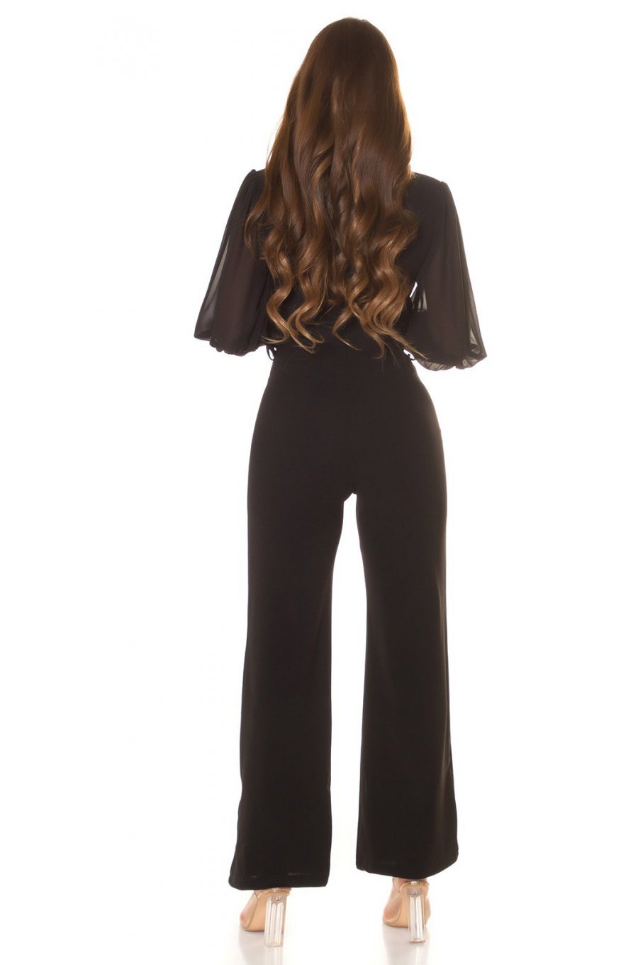 Salopeta eleganta evazata, neagra, decolteu in V, cu maneca lunga din voal, Aleksandrina 5 - jojofashion.ro