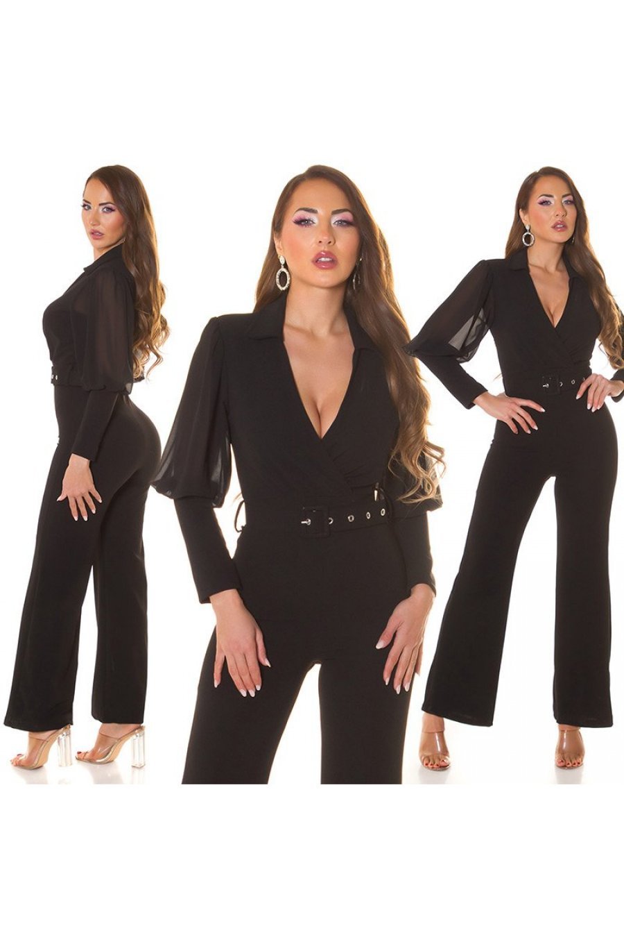 Salopeta eleganta evazata, neagra, decolteu in V, cu maneca lunga din voal, Aleksandrina 6 - jojofashion.ro
