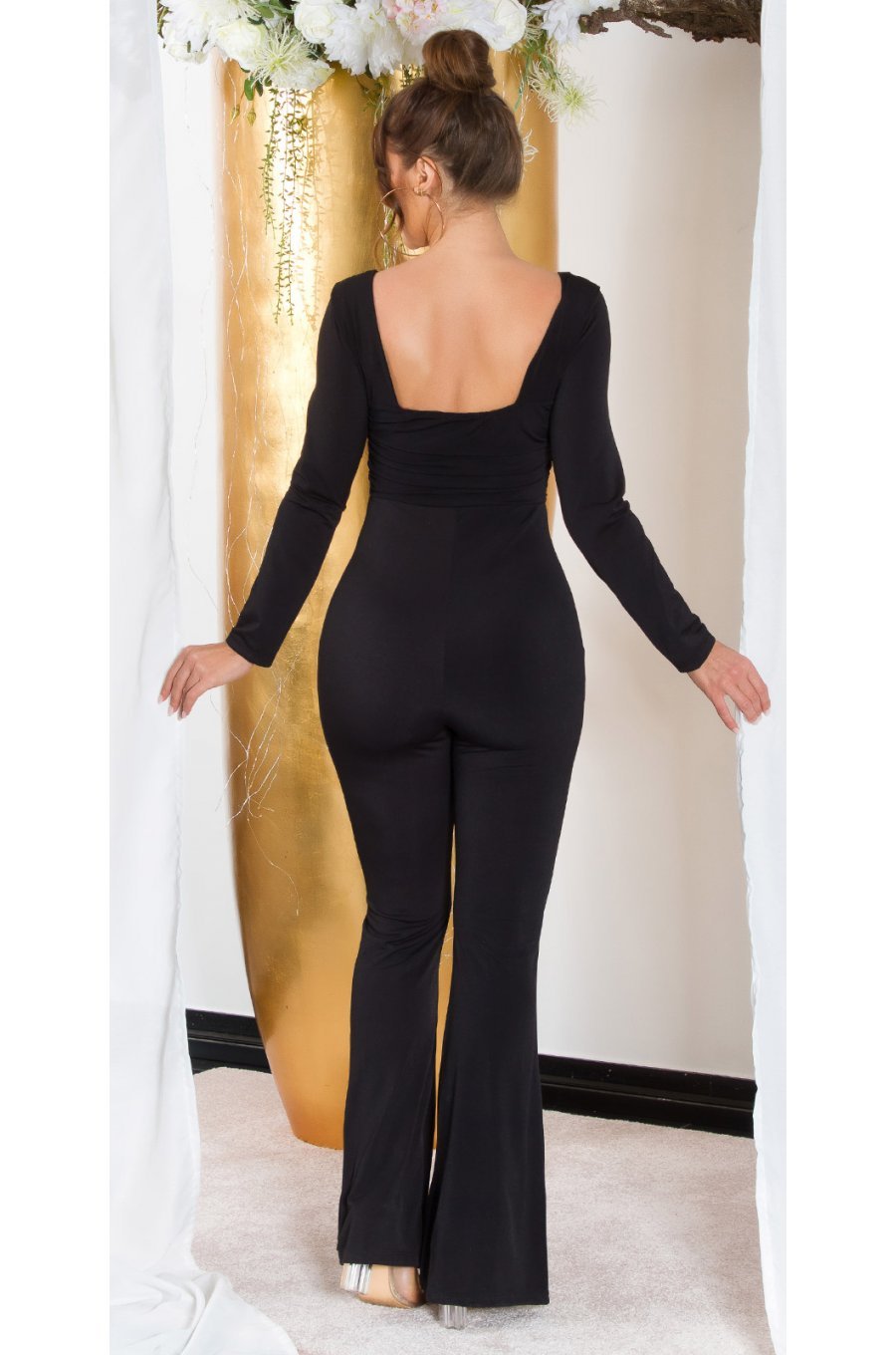 Salopeta dama eleganta, evazata, neagra, din nylon, Nikola   2 - jojofashion.ro