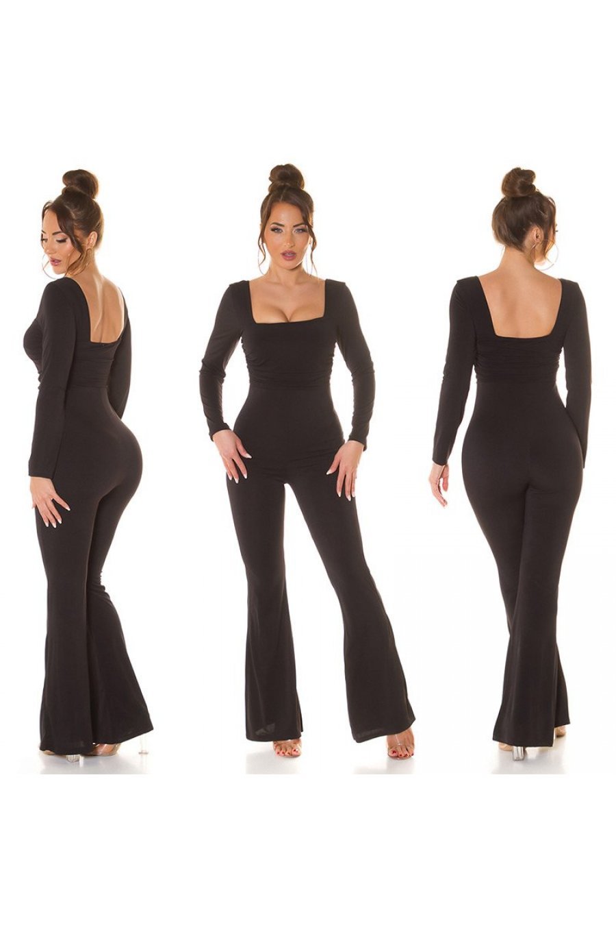 Salopeta dama eleganta, evazata, neagra, din nylon, Nikola   5 - jojofashion.ro