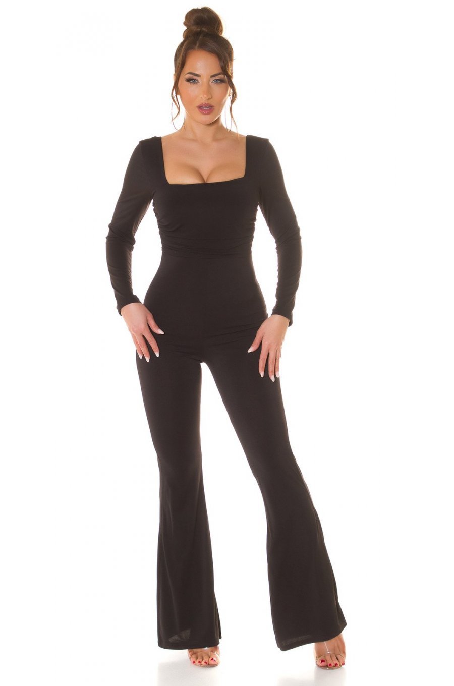 Salopeta dama eleganta, evazata, neagra, din nylon, Nikola   4 - jojofashion.ro