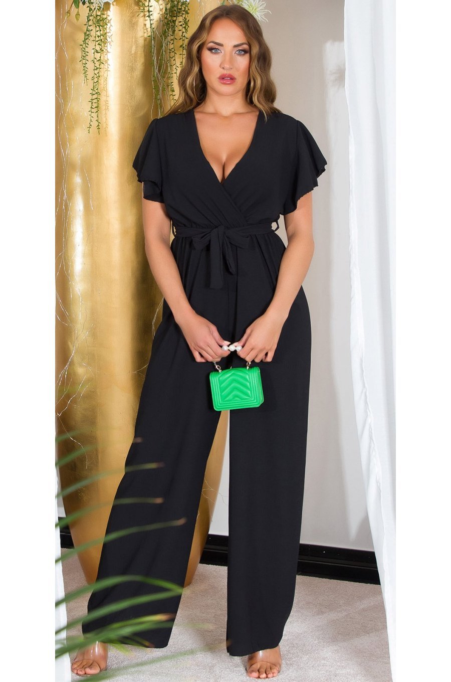 Salopeta eleganta evazata, neagra, petrecuta, Julye Salopeta eleganta evazata, neagra, petrecuta, Julye 1 - jojofashion.ro