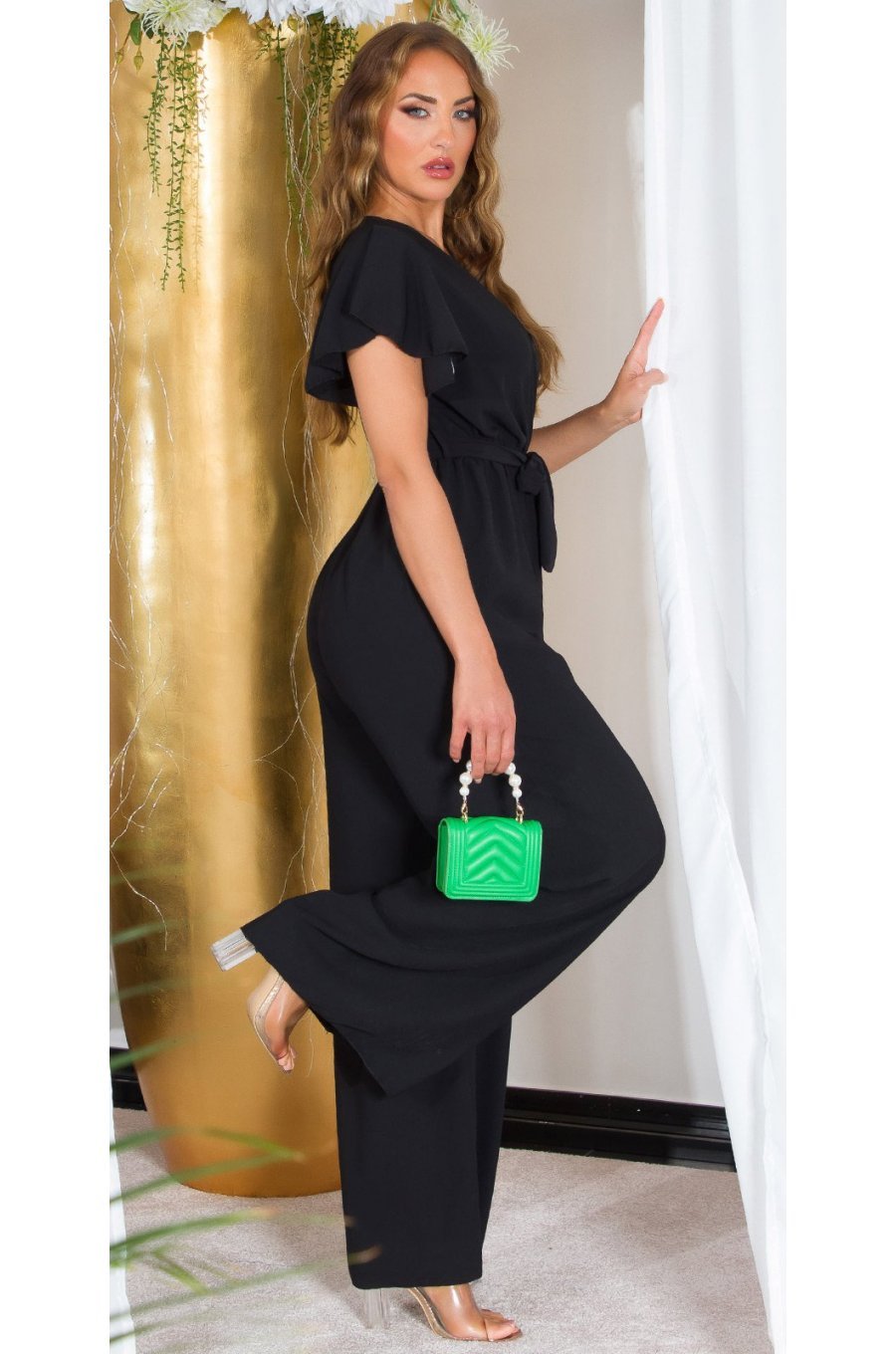 Salopeta eleganta evazata, neagra, petrecuta, Julye Salopeta eleganta evazata, neagra, petrecuta, Julye 2 - jojofashion.ro