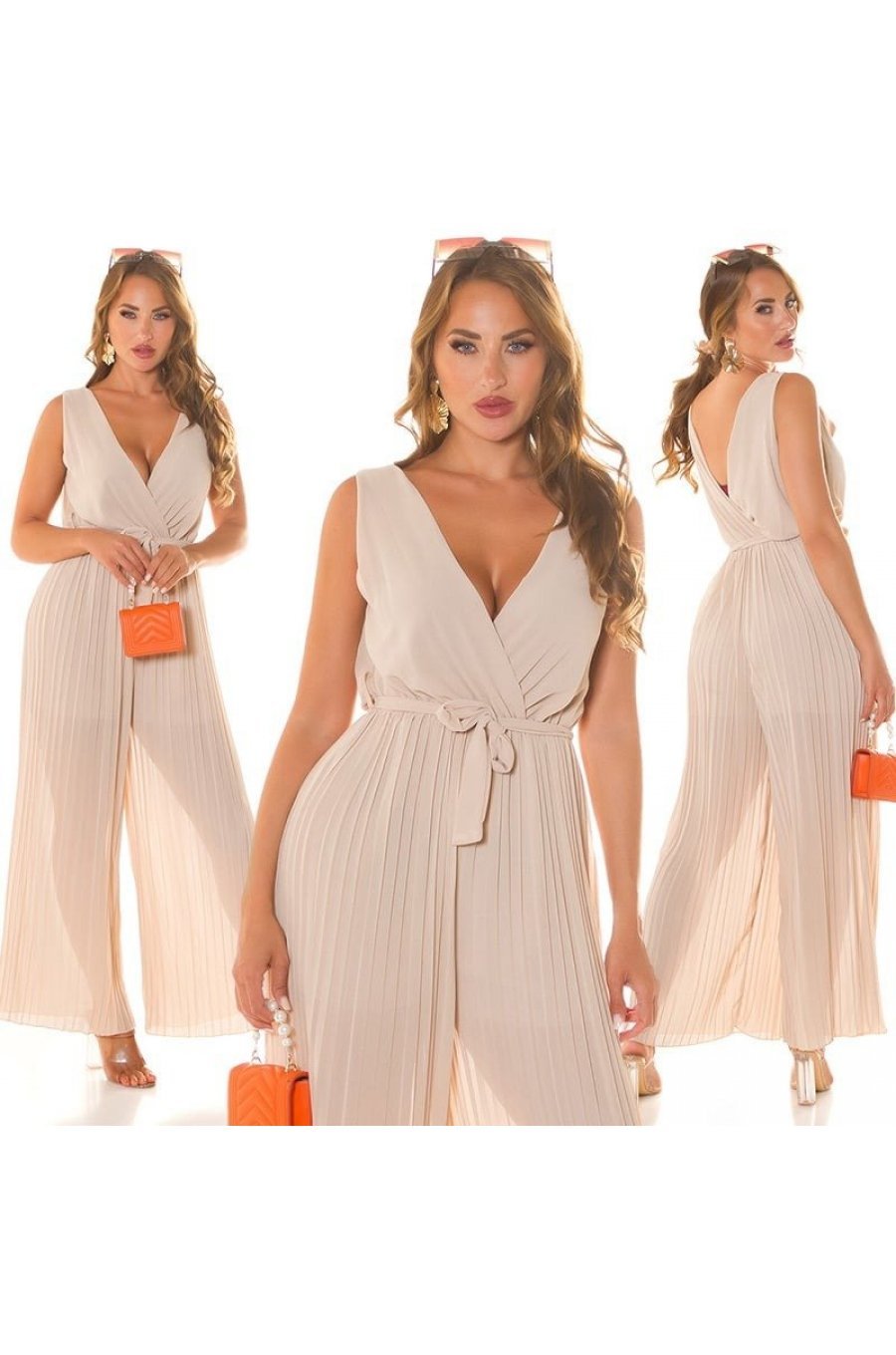 Salopeta dama eleganta evazata, plisata, bej, petrecuta, Shanya Salopeta dama eleganta evazata, plisata, bej, petrecuta, Shanya 6 - jojofashion.ro