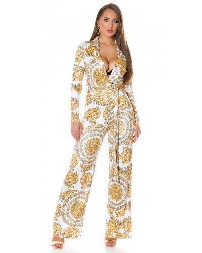 Salopeta eleganta evazata print baroc alb cu galben Sezen - jojofashion.ro
