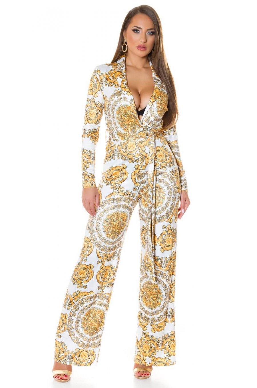 Salopeta eleganta evazata print baroc alb cu galben Sezen 1 - jojofashion.ro