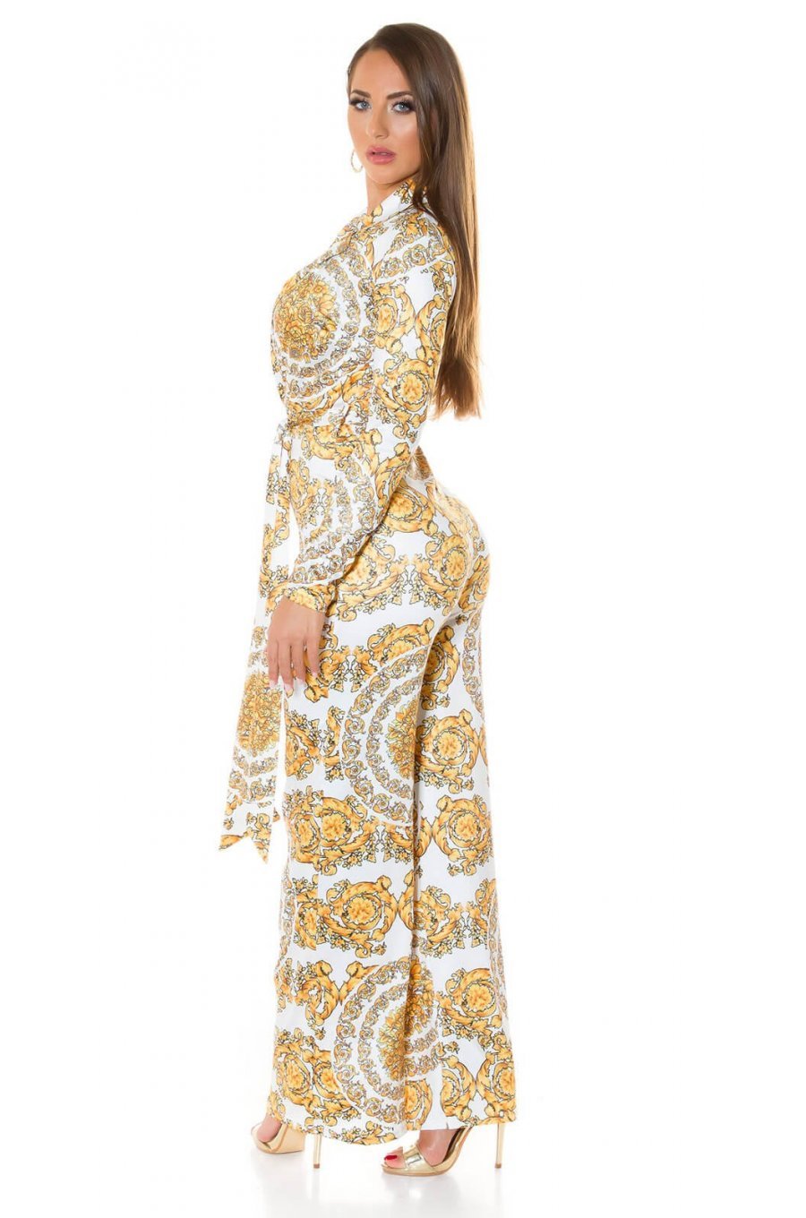 Salopeta eleganta evazata print baroc alb cu galben Sezen 2 - jojofashion.ro