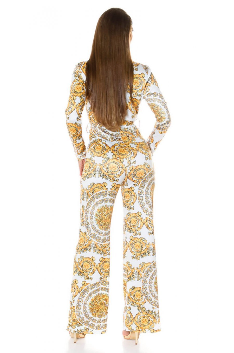 Salopeta eleganta evazata print baroc alb cu galben Sezen 3 - jojofashion.ro