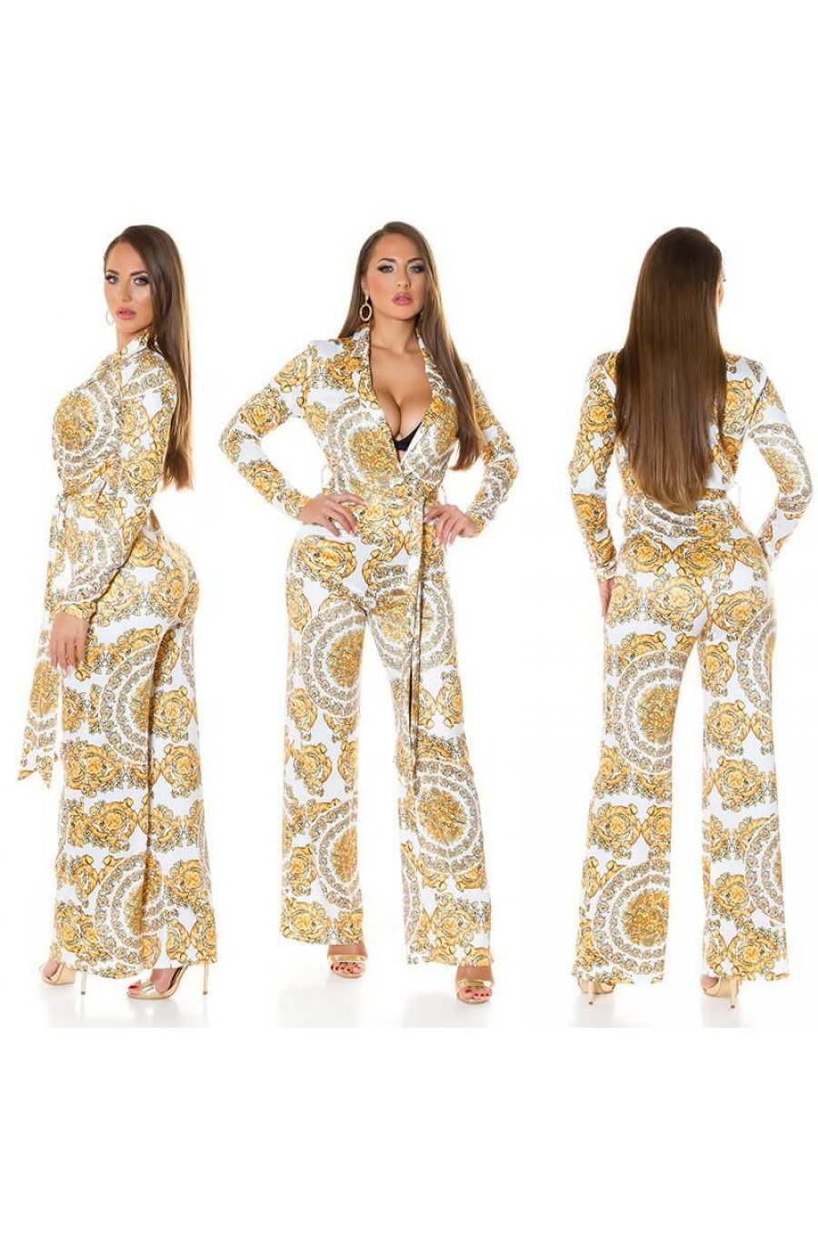 Salopeta eleganta evazata print baroc alb cu galben Sezen 4 - jojofashion.ro