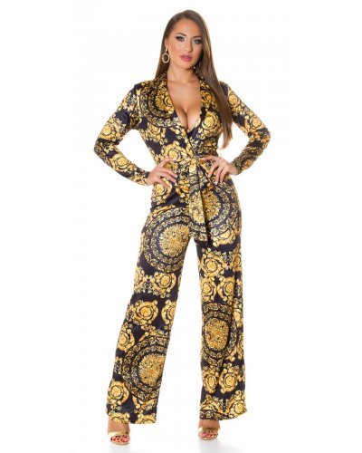 Salopeta eleganta evazata print baroc negru cu galben Sezen - jojofashion.ro