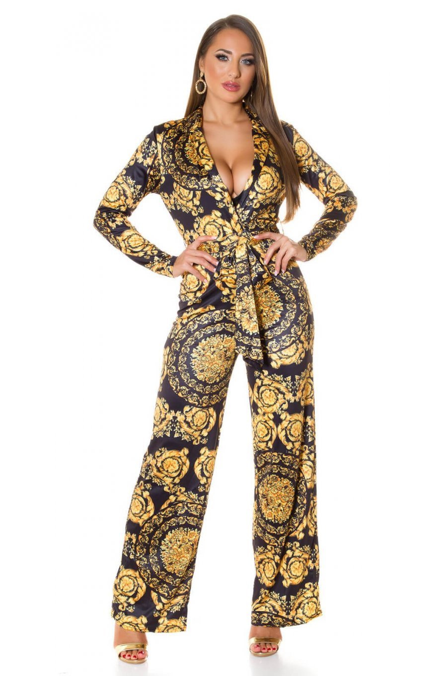 Salopeta eleganta evazata print baroc negru cu galben Sezen 1 - jojofashion.ro