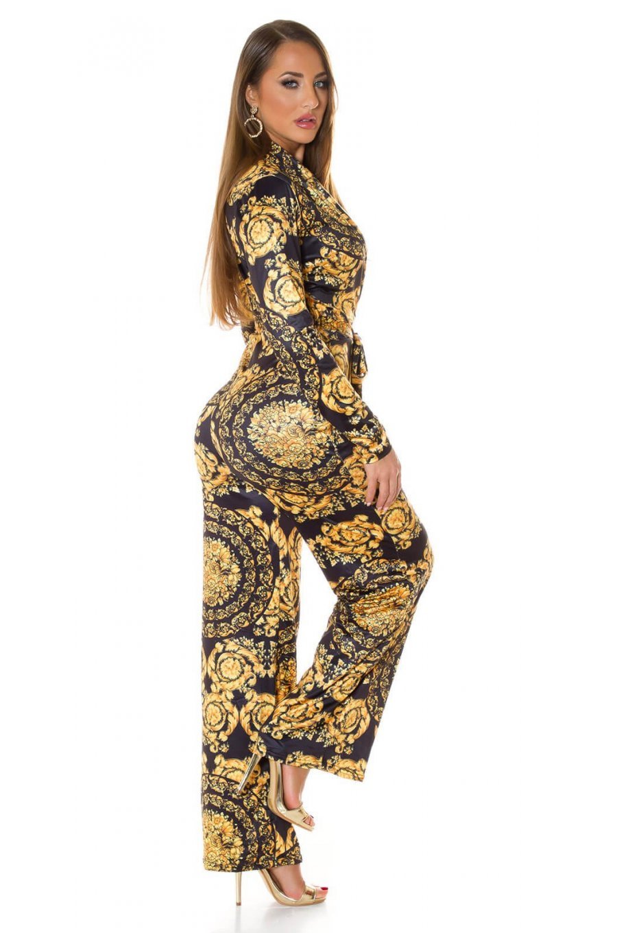 Salopeta eleganta evazata print baroc negru cu galben Sezen 2 - jojofashion.ro