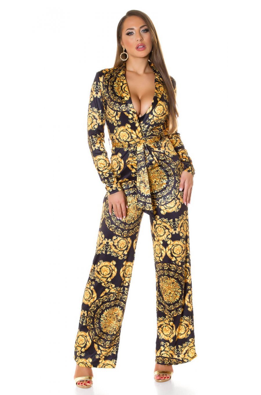 Salopeta eleganta evazata print baroc negru cu galben Sezen 3 - jojofashion.ro