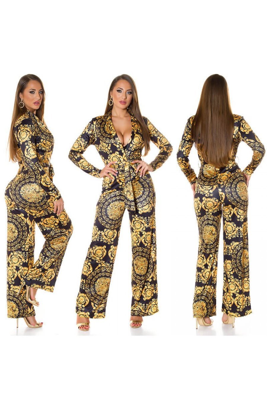 Salopeta eleganta evazata print baroc negru cu galben Sezen 4 - jojofashion.ro