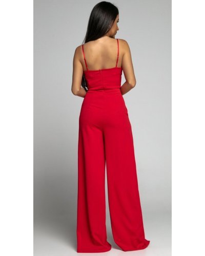 Salopeta eleganta evazata, rosie, crapata pe picior, Loressa - jojofashion.ro