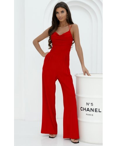 Salopeta eleganta, evazata, rosie, cu spatele gol, Lajla Salopete dama, Salopeta eleganta, evazata, rosie, cu spatele gol, Lajla - jojofashion.ro