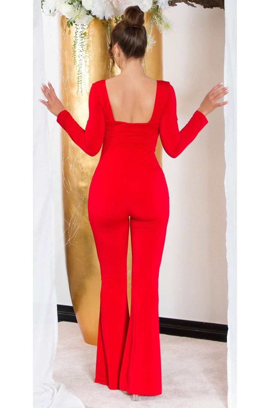 Salopeta dama eleganta, evazata, rosie, din nylon, Nikola Salopeta dama eleganta, evazata, rosie, din nylon, Nikola 2 - jojofashion.ro