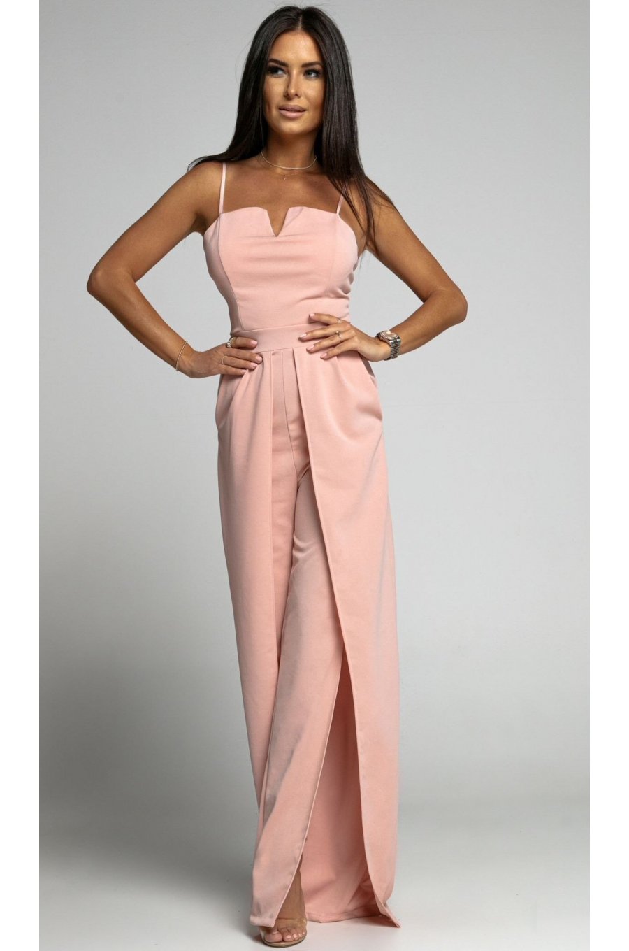 Salopeta dama eleganta evazata, roz pal, crapata pe picior, Loressa 1 - jojofashion.ro