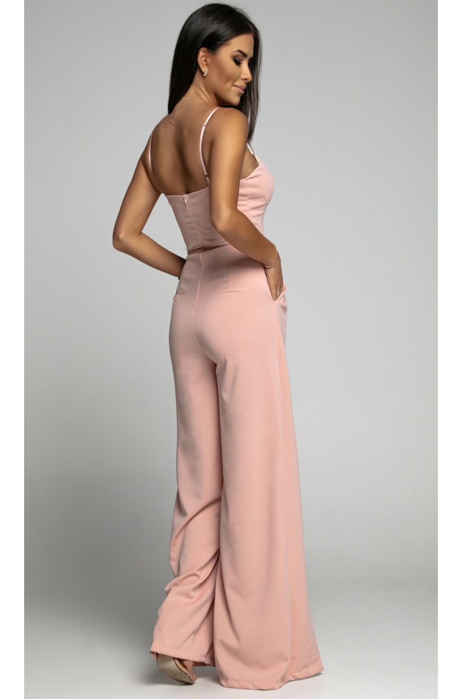 Salopeta dama eleganta evazata, roz pal, crapata pe picior, Loressa 2 - jojofashion.ro