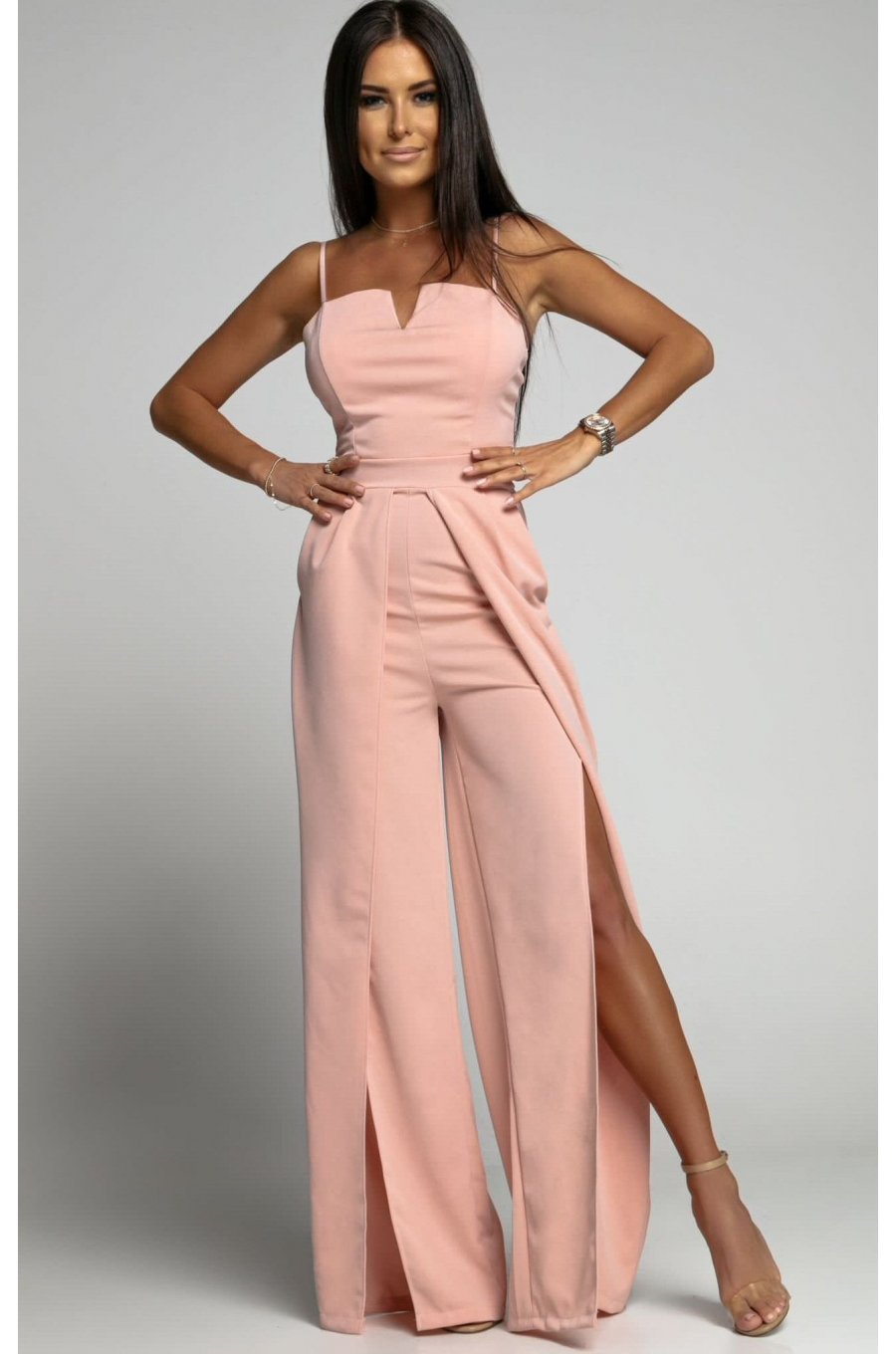 Salopeta dama eleganta evazata, roz pal, crapata pe picior, Loressa 3 - jojofashion.ro