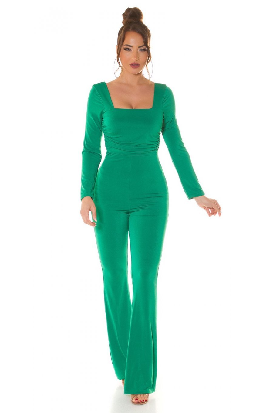 Salopeta eleganta, evazata, verde, din nylon, Nikola Salopeta eleganta, evazata, verde, din nylon, Nikola 4 - jojofashion.ro