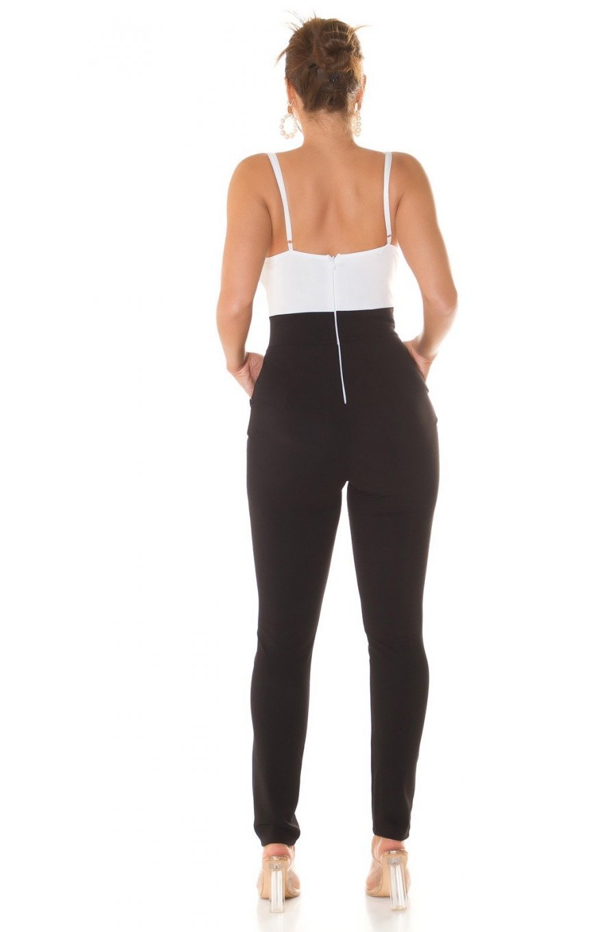 Salopeta eleganta, neagra cu bust alb, conica, cu decupaje, Hashna 3 - jojofashion.ro